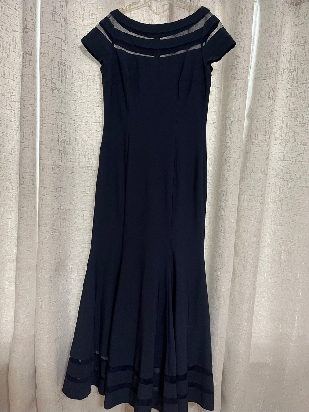 JS Collections Navy Off-Shoulder Mesh-Trim Maxi Dress